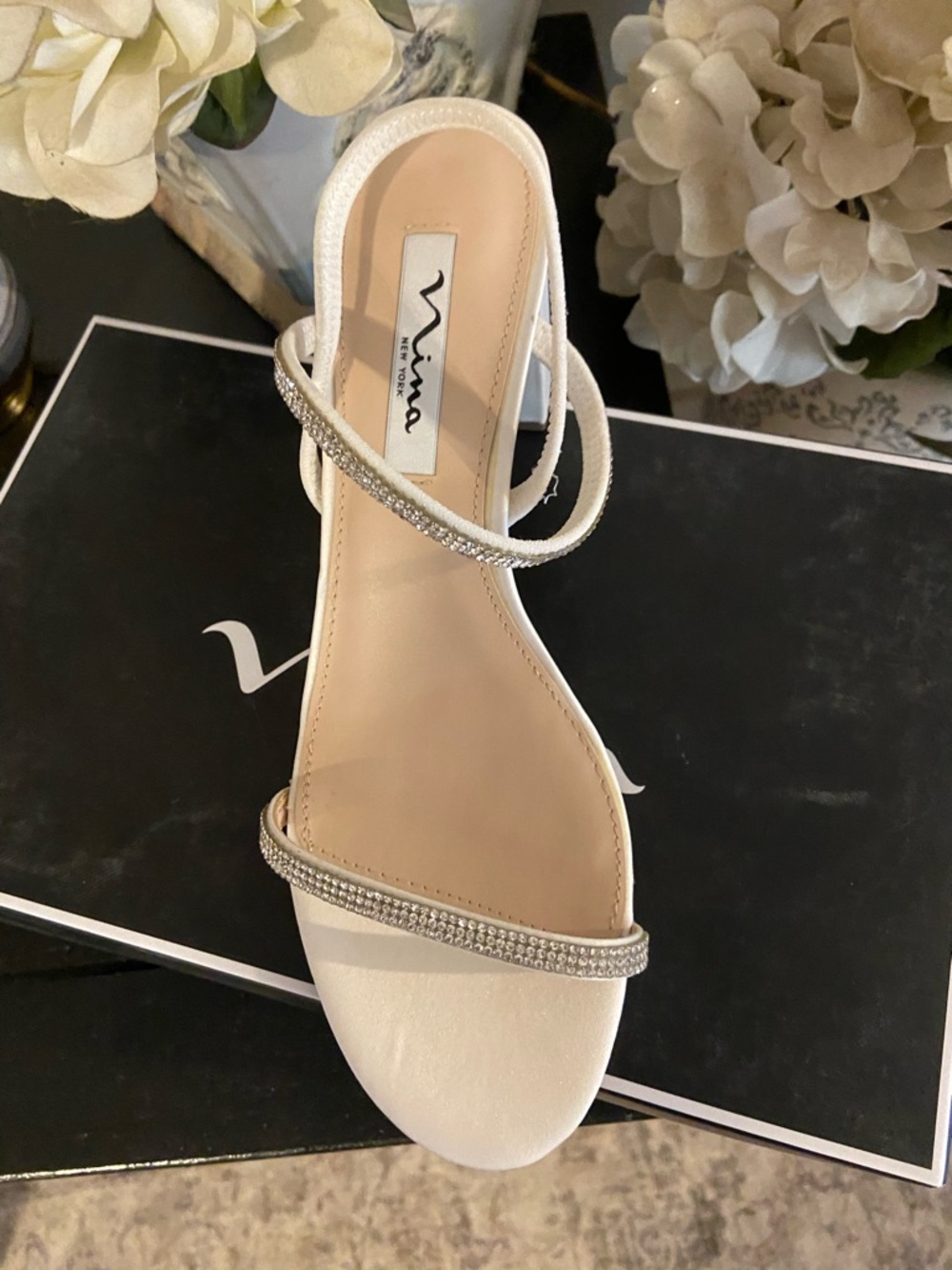Nina Ivory Crystal-Strap Block Heel Sandal